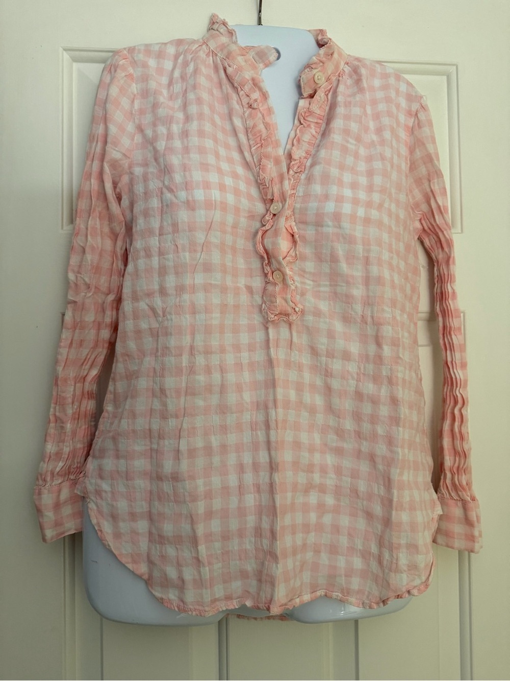 J. Crew Pink Gingham Ruffle Popover Blouse Lightweight Cotton Size S